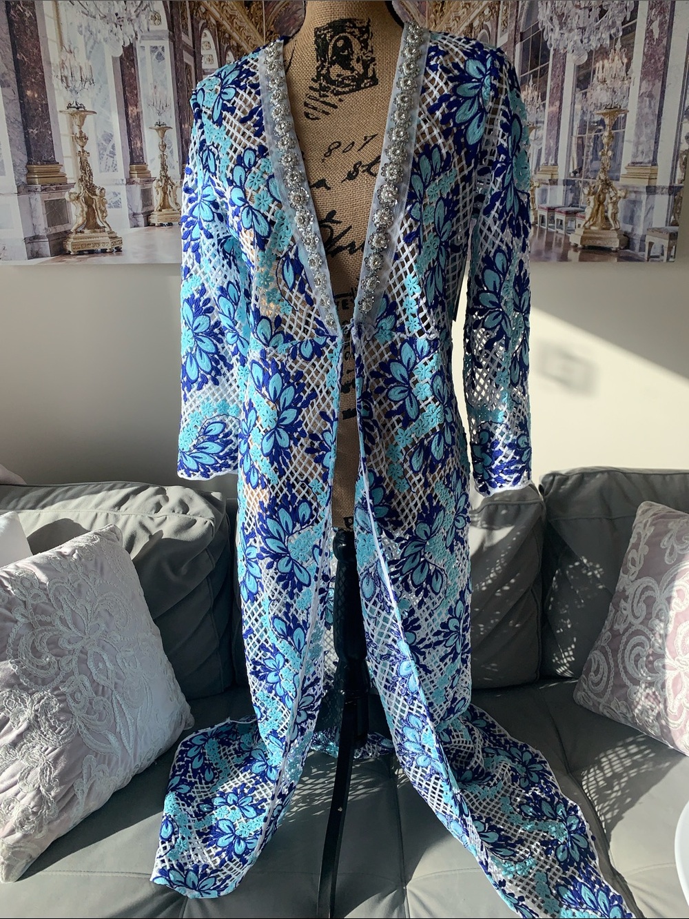 NWT Boston Proper Blue and Turquoise Floral Crochet Cover-Up.